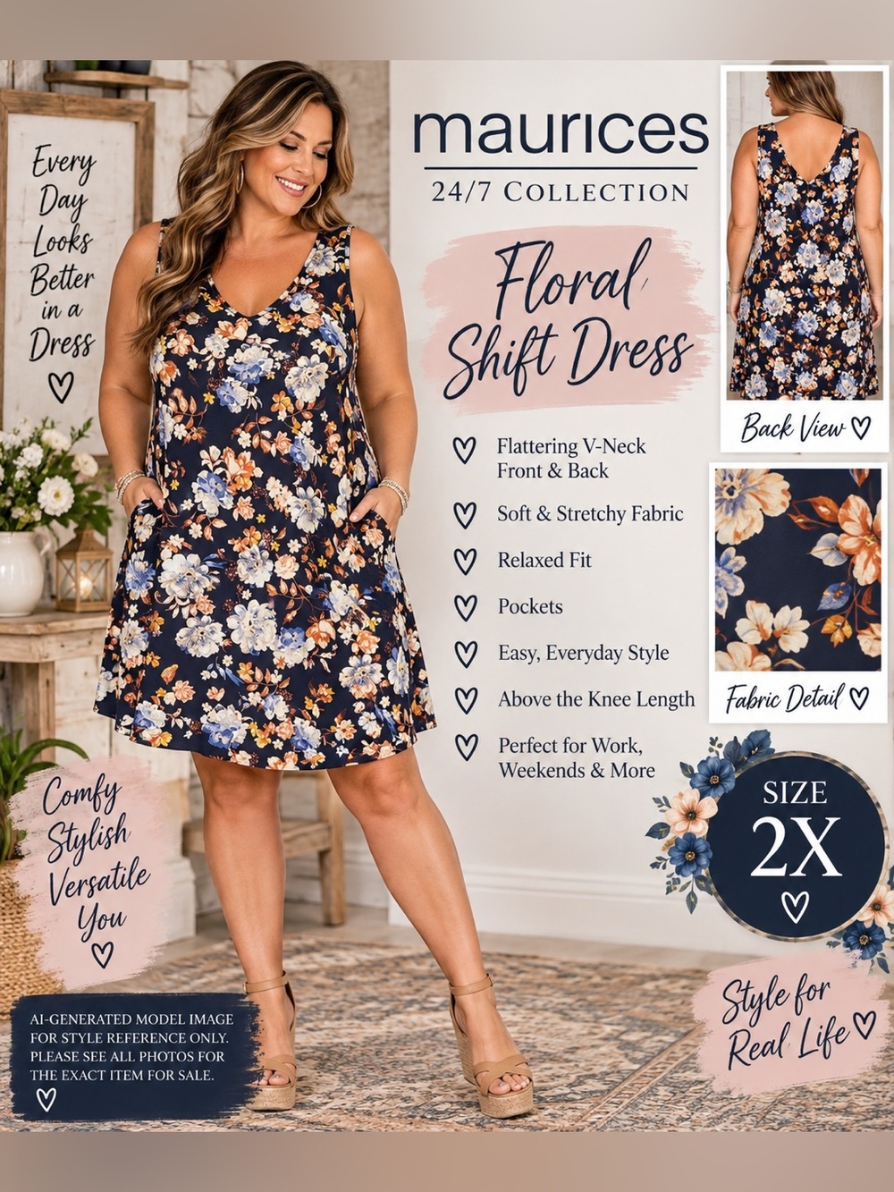 MAURICES 24/7 NAVY FLORAL V-NECK SHIFT DRESS • SIZE 2X